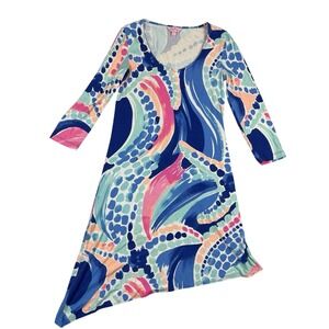 Lilly Pulitzer Asymmetrical Hem Dress Medium Multicolor‎ Print 3/4 Sleeve Boho
